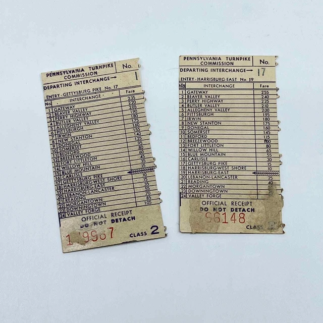 1970S PENNSYLVANIA TURNPIKE Receipt Stubs Gettysburg Pike to Harrisburg