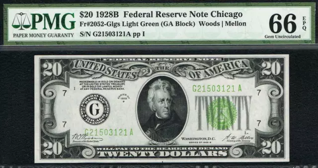 LGS NOTE. $20 1928B Chicago FRN. Light Green Seal. PMG 66 EPQ.