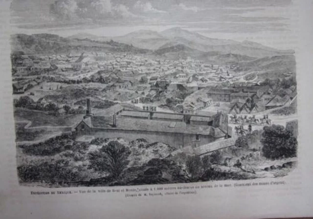 GRAVURE SUR BOIS 19ème VILLE REAL EL MONTE MEXIQUE GISEMENT MINES D' ARGENT