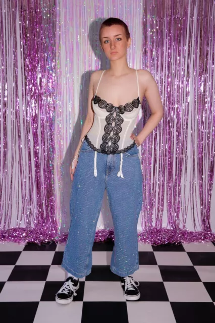 Jeans vita alta vintage anni '90 AB cristallo borchie tagliate vita alta moto 28