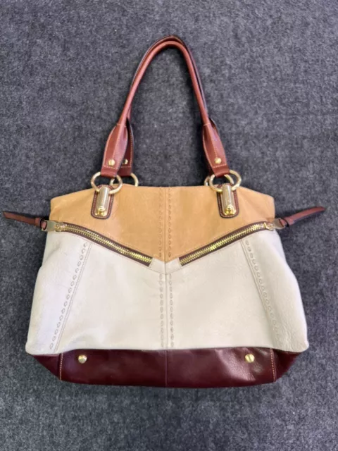 B Makowsky Brown and Cream Leather Color Block Hobo Shoulder Bag Handbag Purse