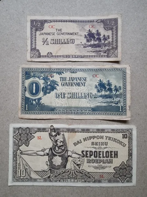 WW2 JIM - Japanese Invasion Money - Oceania 1/2 & 1 Shilling & 10 Roepiah Notes