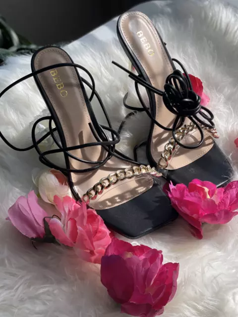 BEBO Wide Fit - Tisha tie leg heeled sandals in black size US 10.5 Gold Chain