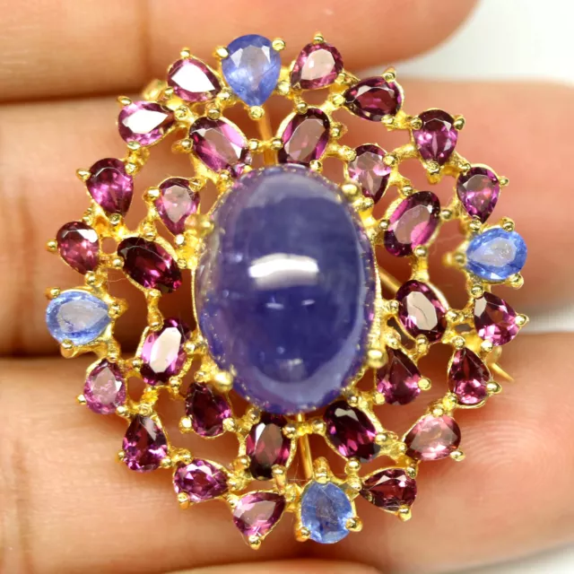 Non Chauffé Tanzanite, Rhodolite & Saphir Broche/Pendentif 925 Argent Sterling