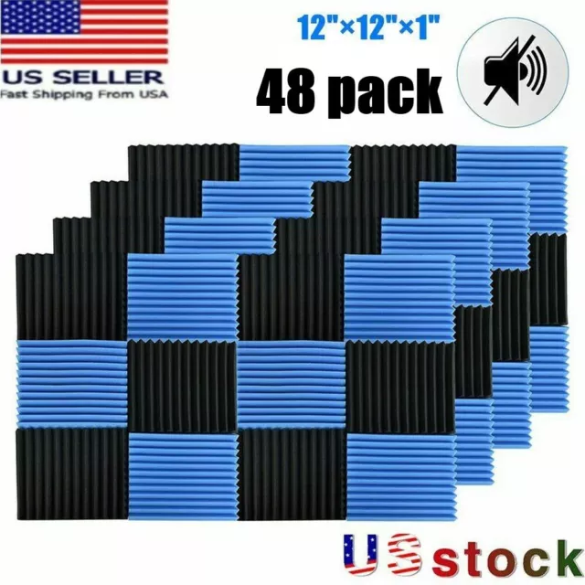 48pcs 12"×12"×1" Acoustic Foam Panel Soundproofing Tiles Studio Wall Black/Blue