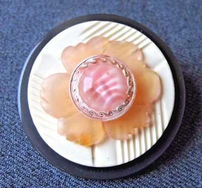 Vintage artisan crafted celluloid plastic & glass flower pin signed Tammy