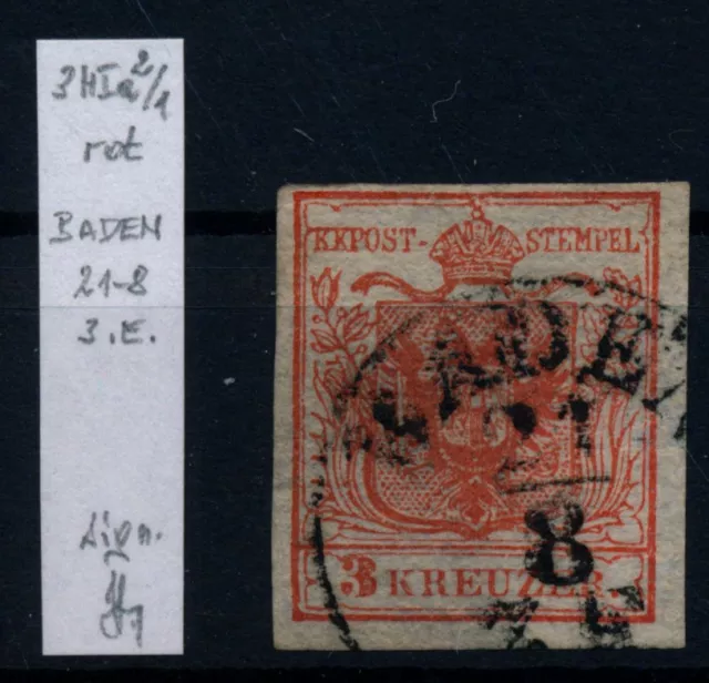 ÖSTERREICH 1850 3Kr, rot, HP, Type I.a, BADEN (Nö) Strakosch bestimmung!