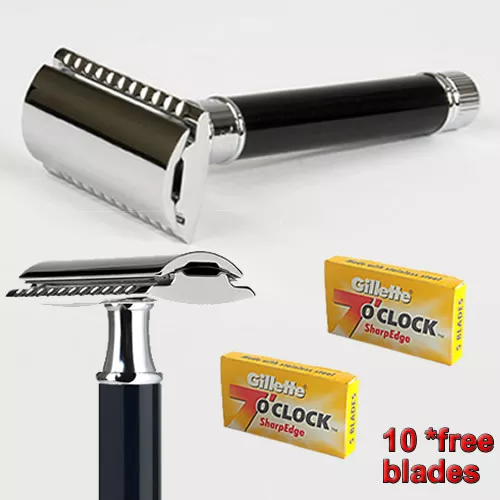 Men Safety Razor Double Edge Razors+10 Free Blades & Pouch travel kit barber