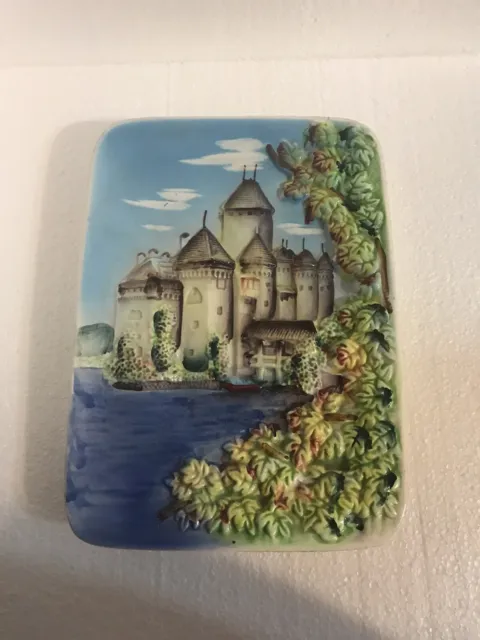 Vintage Japan Hand-painted 3D Majolica Wall Hang Plate Castle on Water 9 x 6.5