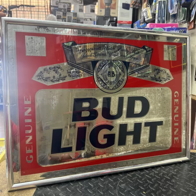 Vintage 1990 Anheuser-Busch Genuine Bud Light Beer Mirror Glass Bar Sign ~25x19
