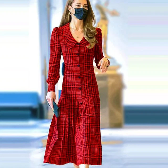 Princess Kate Middleton Red Plaid Women Dress Elegant Long Sleeve A-Line Fashion