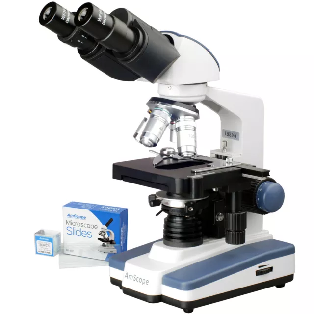 AmScope 40X-2500X LED Lab Compound Binocular Microscope w 3D Mech Stage + Slides