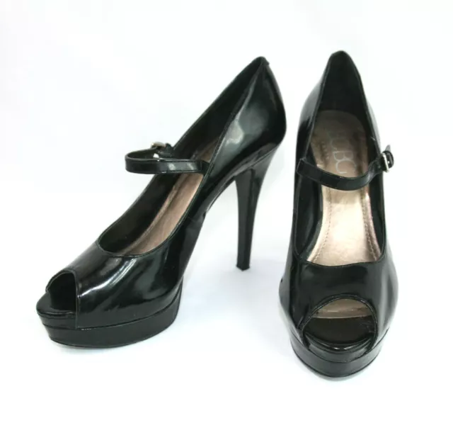 BCBG Paris Black Patent Leather Open Toe Mary Janes Stiletto Platform Heels 8