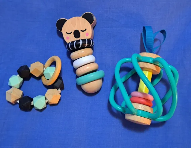 Bulk Lot of Baby Toys Rattles Teethers Wood & Silicon Koala Apple Shapes 3 Items