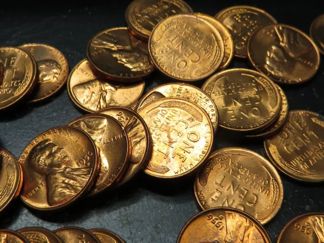 1956 D 1c BU Lincoln Wheat Cent Penny Roll 50 Coins With Gorgeous Color! #16