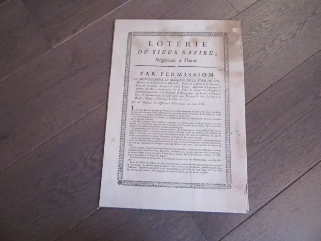 Affiche 1769 Jeux Loterie Sieur Bazire Negociant A Dijon Originale