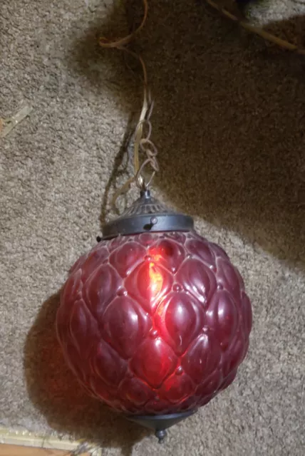 Vintage Red Glass Swag Lamp Mid Century Modern Light Fixture Ceiling Chain MOD 2