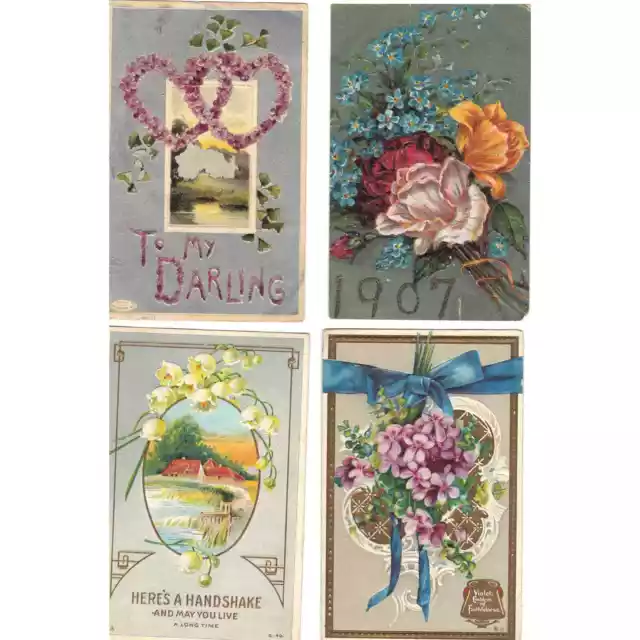 Lot of 4 Antique Greetings Postcards with Flowers- Lot 982