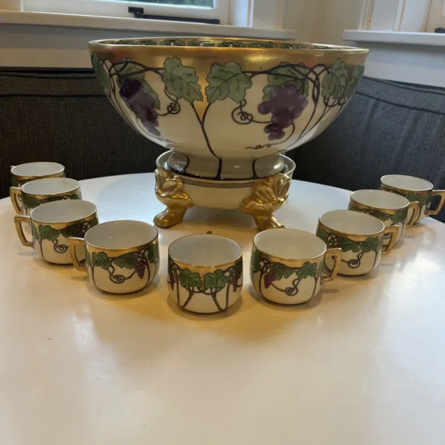 Handpainted Antique Porcelain Punch Bowl + 11 Cups, Vienna Austria / JS Germany