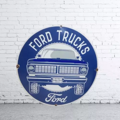 Ford Truck: Advertising Porcelain Enamel Heavy Metal Sign 30 Inches Round SS