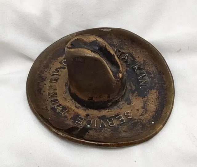 Antique Wichita Kansas Service Foundry Co. Cowboy Hat Brass Paperweight Ashtray