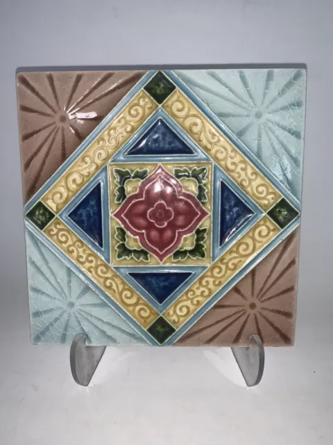 Antique RICHARDS ENGLAND Art Nouveau Majolica Tile Geometric PINK FLOWER