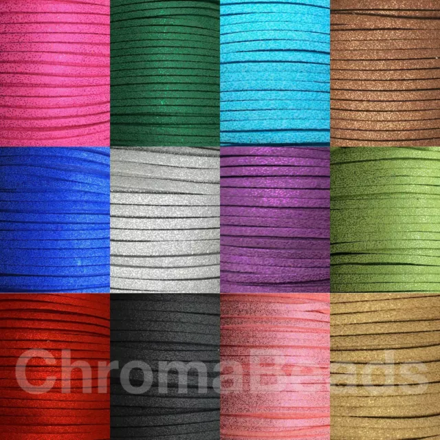 Glitter Faux Suede Cord - 3mm x 1.5mm, choice of 13 colours, choose length