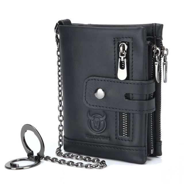 Mens Cowhide Leather Wallet RFID Credit Card Holder Zip Coin Pocket With Chain