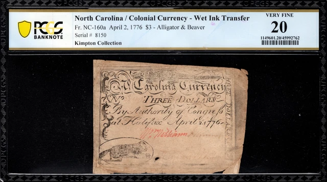 North Carolina Colonial Note Fr#NC-160a April 2, 1776 $3 PCGS 20 Gator *8 Known*