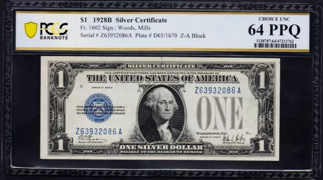 1928B $1 Silver Certificate Scarcer Z-A Block PCGS Choice Uncirculated 64 PPQ