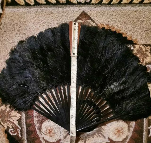 Antique Victorian 19th Century 1800's Black Large Ostrich Feather Fan Godey's