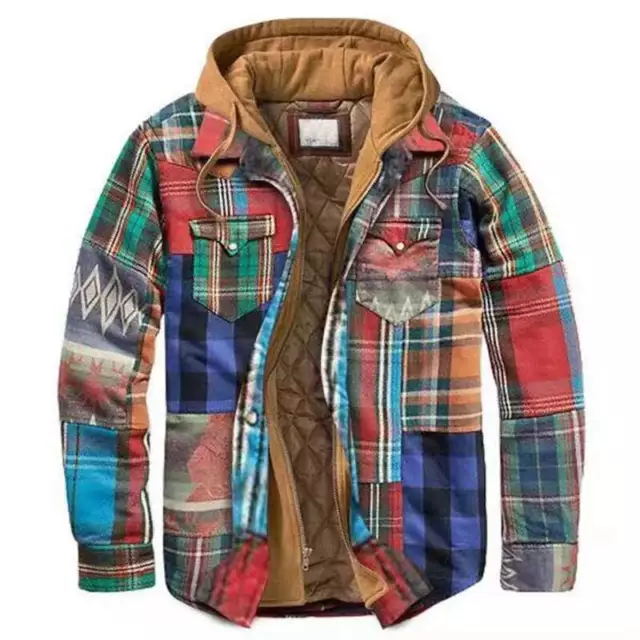 Mens Heavy Fleece Lined Sherpa Hoodie Plaid Flannel Jacket Hood Coat Sweatshirt