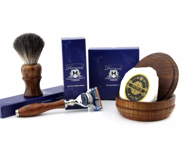 Men's Handmade Wood Shaving Set 5 Edge Razor, Synthetic Hair Brush, Soap & Bowl