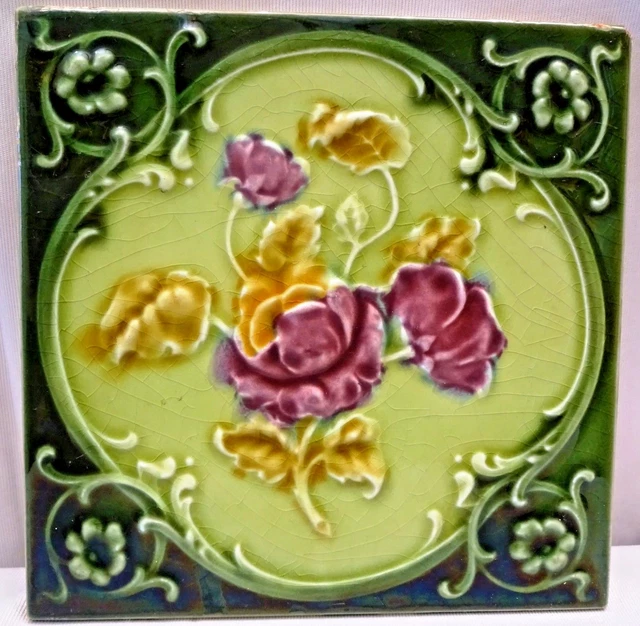 Antique Tile Majolica Rose Purple Art Nouveau England Floral Architecture "170