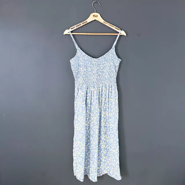 Ladies Blue Flower Print Strappy Summer Midi Sun Dress Size 14
