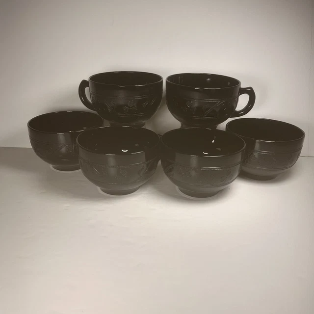 Vintage Hazel Atlas Co Black Cloverleaf Teacup Depression Glass Set 6 Platonite