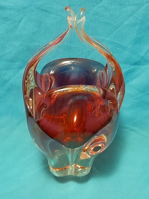 Vintage Czech Bohemian CHRIBSKA Art glass Basket Vase Cranberry Pink
