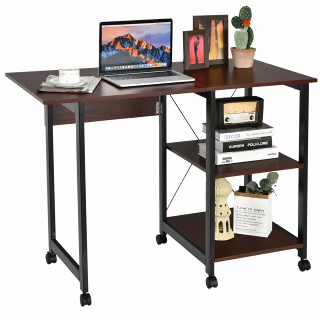 Folding Computer Desk 2-In-1 Mobile PC Laptop Table w/Storage Shelves Wheels