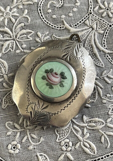 Antique Sterling Silver Green Guilloche Enamel Rose Etched Locket Pendent Antique Sterling Silver Green Guilloche Enamel Rose Etched Locket Pendent