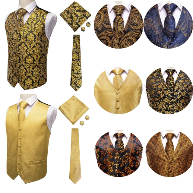 Formal Mens Waistcoat Gold Yellow Paisley Floral Wedding Vest Necktie Hanky Set