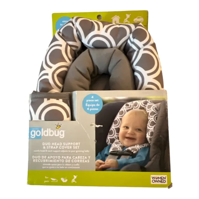 New Goldbug Gray & White Duo Head Support & Strap Cover Set Car Seat/Stroller