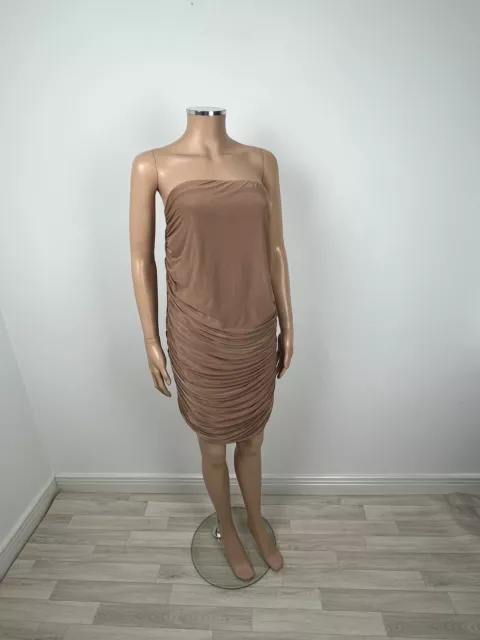 Mini abito senza spalline River Island beige arricciato tubo senza spalline UK 18 NUOVO