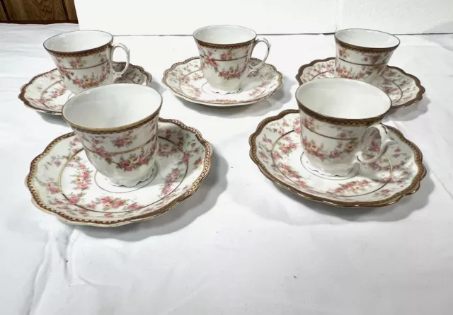 Vintage Set of 5 MZ Austria Demitasse Cups and Saucers, Pink Flowers, Gold Trim