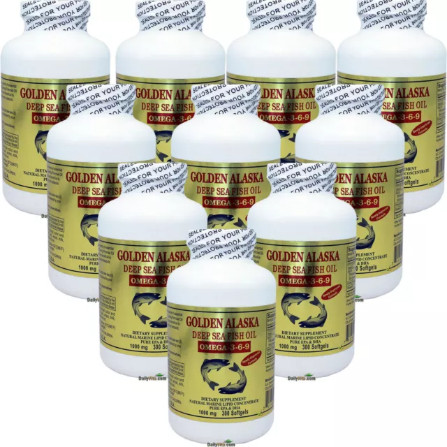 10 x Aceite de pescado dorado de aguas profundas de Alaska omega 3 6 9 1000 mg 300 cápsulas blandas FRESCAS