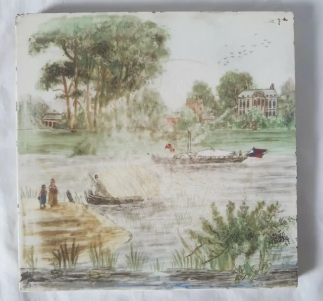 Unusual Antique Minton Hand Painted Tile Thames River Scene Possibly Chiswick