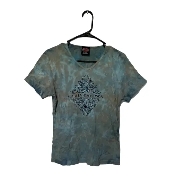 Harley Davidson Shirt Womens Large Blue Gray Tie Dye Bedazzled Short Sleeve