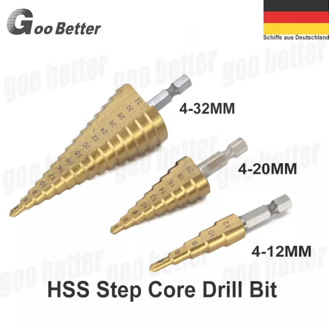 HSS Stufenbohrer-Set 3-teilig - Schälbohrer Titanbeschichtet TIN Metall 4-32 mm