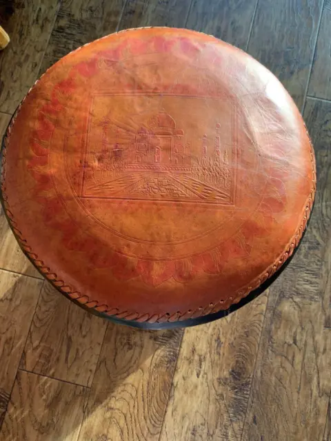 Antique leather and wicker footstool