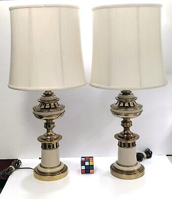 Vintage pair of STIFFEL NeoClassical style Brass Lamps with shades 3 way switch