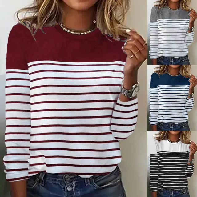 Women Tee Long Sleeve T Shirt Fashion Work Crew Neck Tops Striped Pullover Comfy